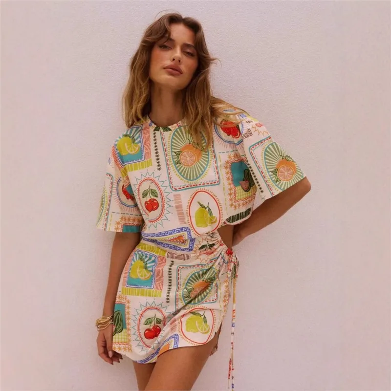 

Trendy Fruit Print Mini Dress 2025 Summer New Short Sleeve High Waist Hollow Out Drawstring Short Beach Party Dress Female Robe