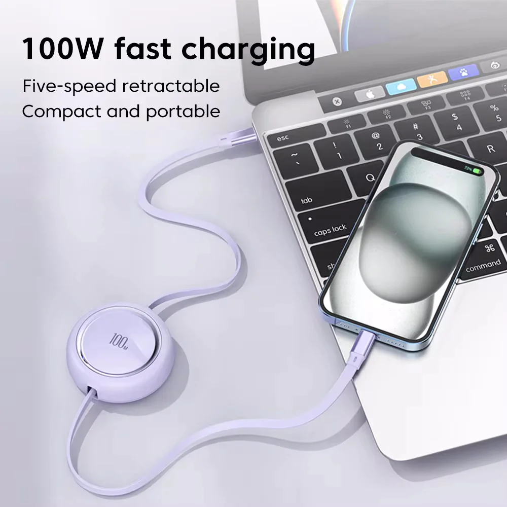 Retractable PD 100W USB Type C to USB C Fast Charger Data Cable E-Marker Data Sync Wire for iPhone 15 Samsung MacBook Laptops