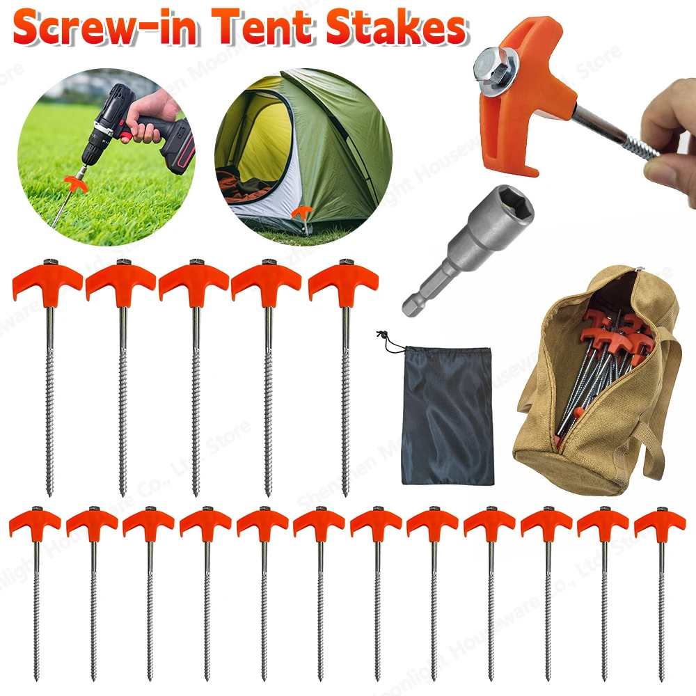 Metal Threaded Tent Spikes with Hex Socket Outdoor Steel Pegs Heavy Duty Spiral Screw Camping Stakes for Hard Ground