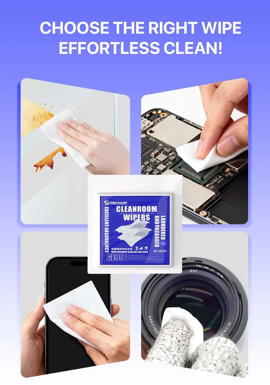 MECHANIC GE99 Super Absorbent Cleanroom Wipers Lint-Free Cloth 400PCS High Absorbency Dust-Free Cleaning Wipes