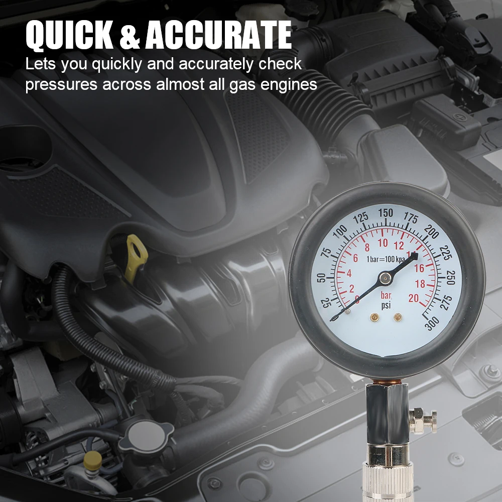 Automotive Cylinder Tester Kit Pressure Gauge with M10 M12 M14 M18 Adapter 0-300 PSI Gasoline Engine Compression Meter