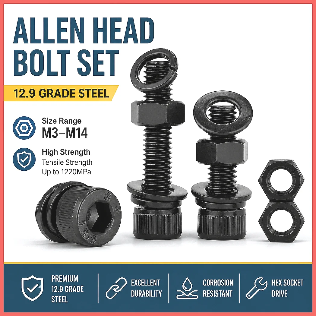 M3-M14 12.9 Grade Carbon Steel Hex Socket Head Cap Screws Bolts & Nuts with Washers, Allen Key Drive Metric Assortment Kit