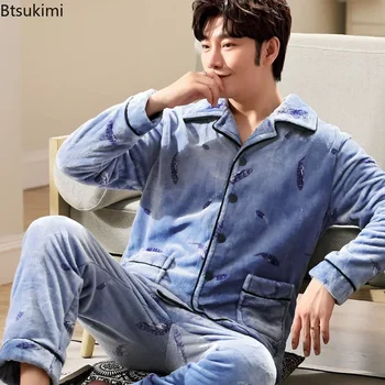 2025 Autumn Winter Thicken Flannel Pajamas Men Red Pyjamas Set Long Sleeve Sleepwear Pajamas Suit Male Sleep 2PC Set Loungewear