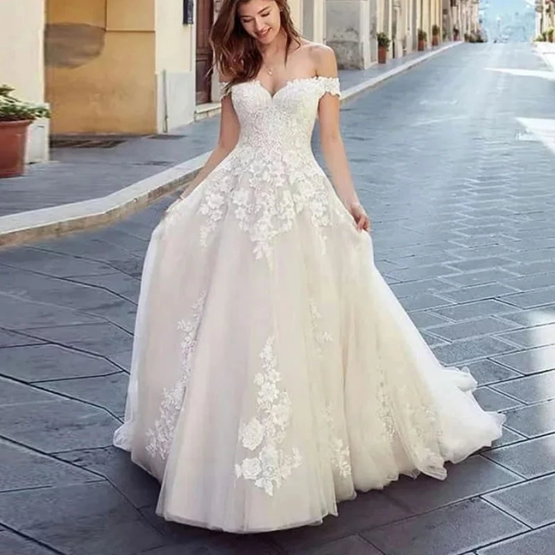 Wholesale Elegant A-Line Sweetheart Neck Wedding Dress Tulle White Boho Cap Sleeve Lace Appliques Bridal Gown