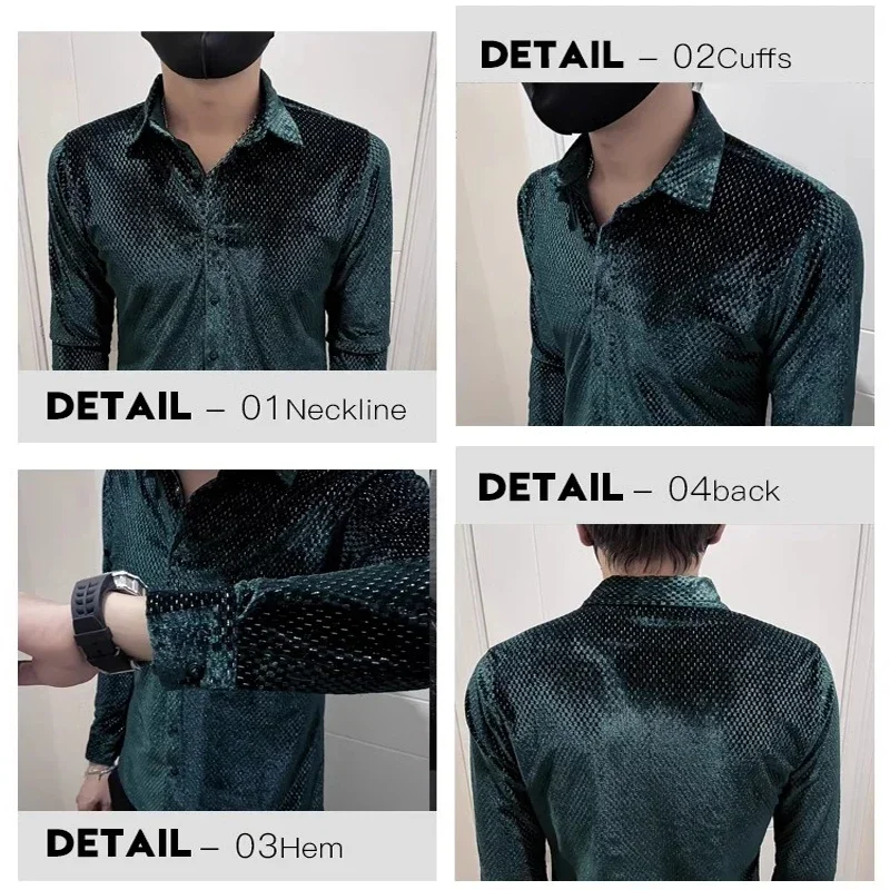 High-end Shiny Silver Wire Men Velvet Shirts Autumn Winter Luxury Korean Slim Men\'s Shirt Nightclub Prom Wear Elegant Tops Man