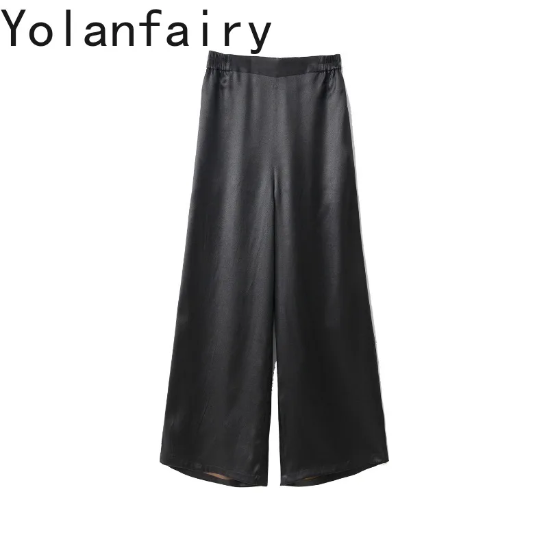 YOLANFAIRY 100% Mulberry Silk Pants for Woman Fashion Real Silk Satin Wide Leg Pants Casual Trousers Gauze Silk Black Pants 2026
