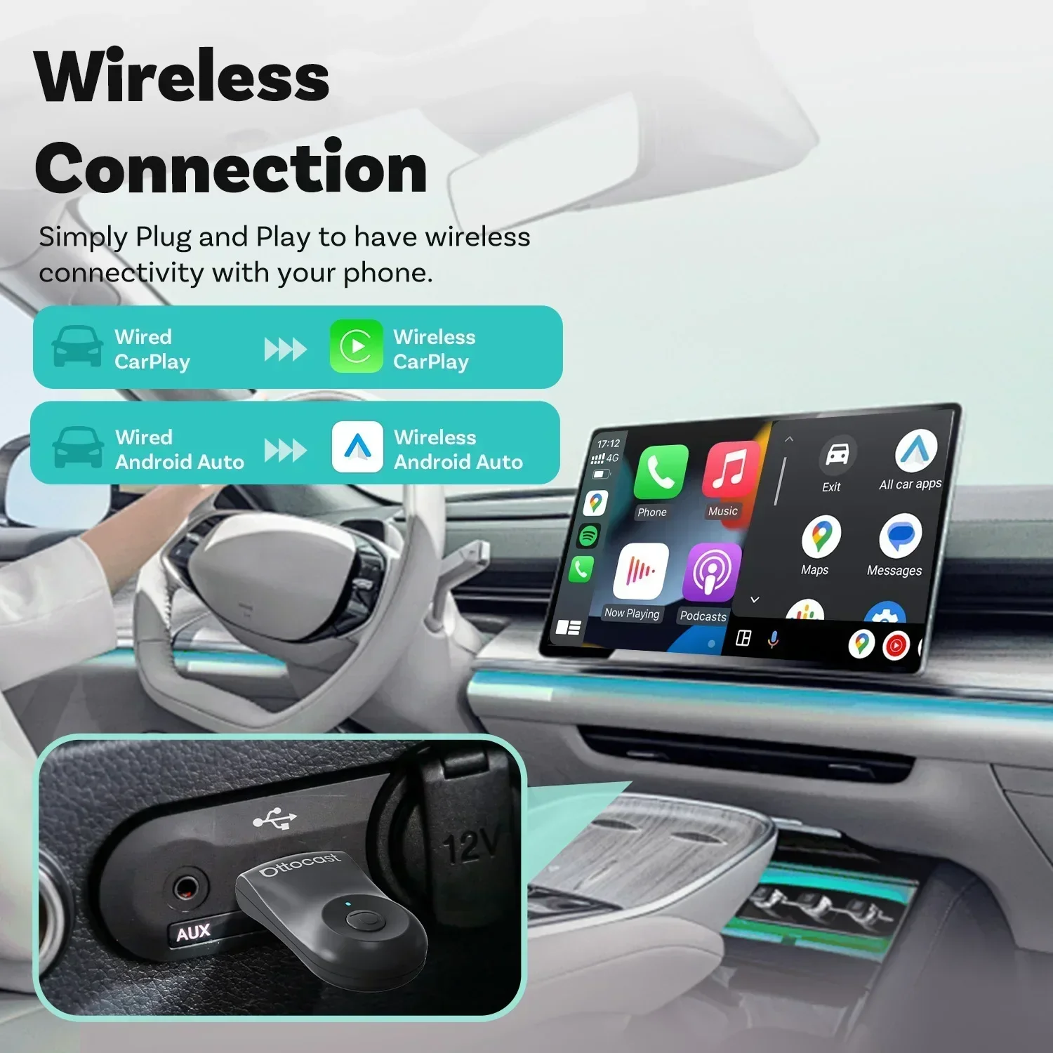 OTTOCAST MINI 2 in 1 Wired to Wireless CarPlay Android Auto Adapter USB Stick Wifi Car Accessories for VW Benz Audi Kia Toyota