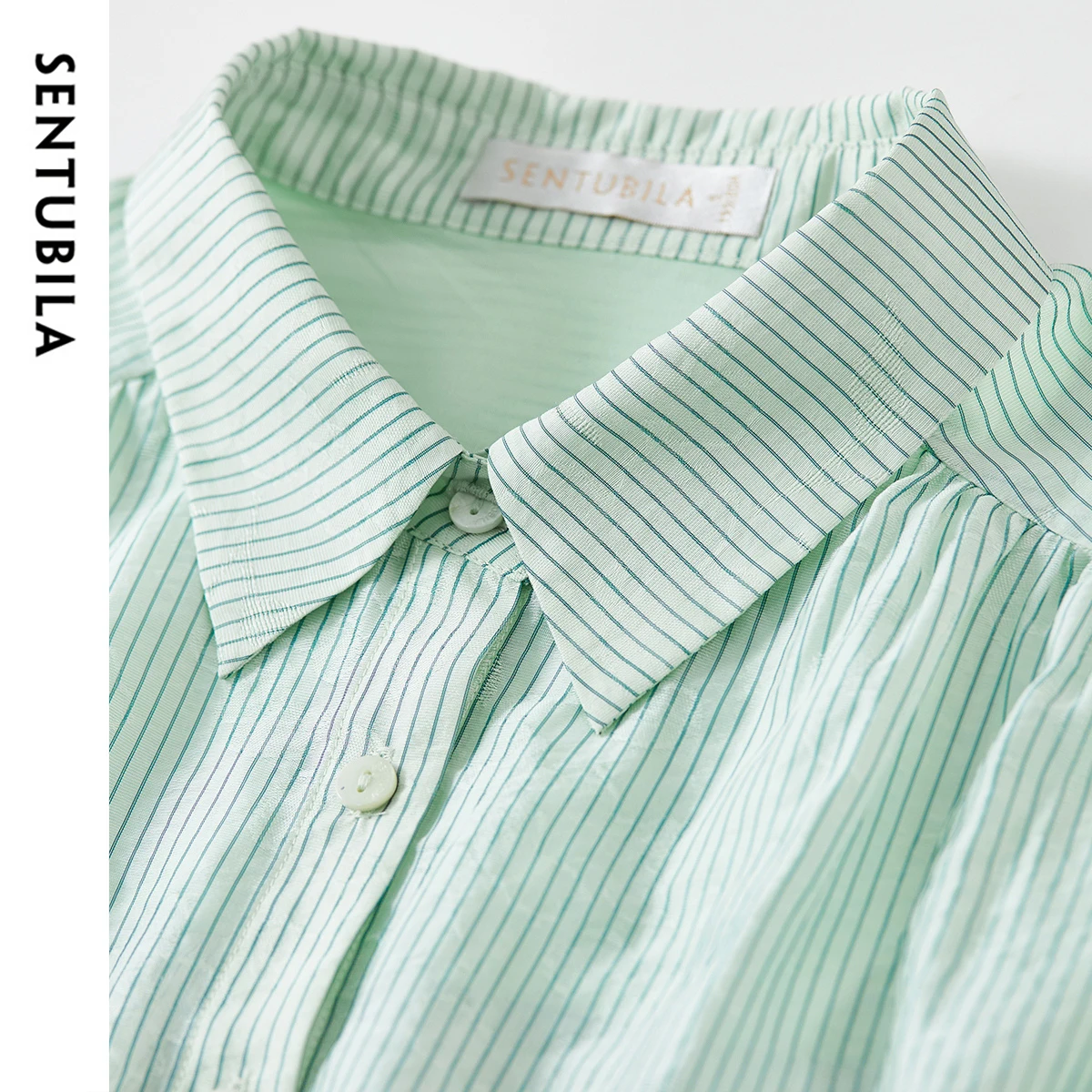 SENTUBILA Green Striped Casual Loose Polo Collar Shirts & Blouses 2025 Button Up Blouse Short Sleeve Top For Women 142C53893
