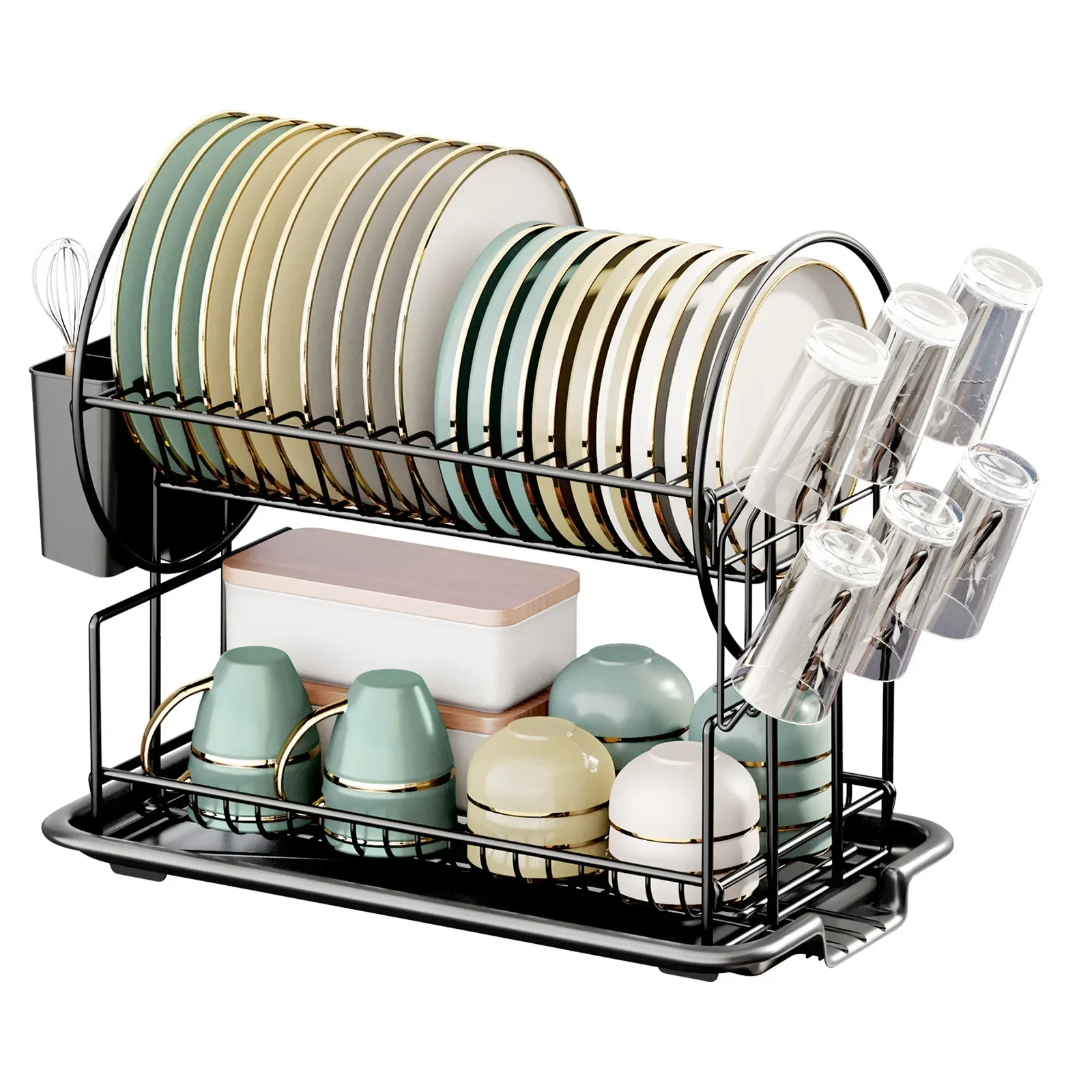 

Bowl Drainer Storage Rack with Drainboard Chopsticks Knife Fork Water Cup Organizer Kitchen Counter Organizer Black