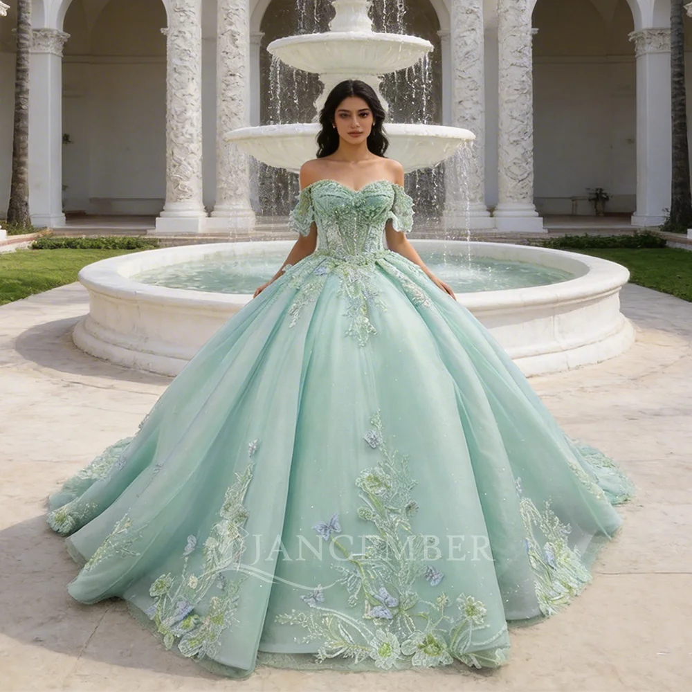 

Organza Ball Gown Short Sleeves Sequins Cap sleeve Customized Appliques With Tiptop Evening Dress vestido de 15 quinceañera