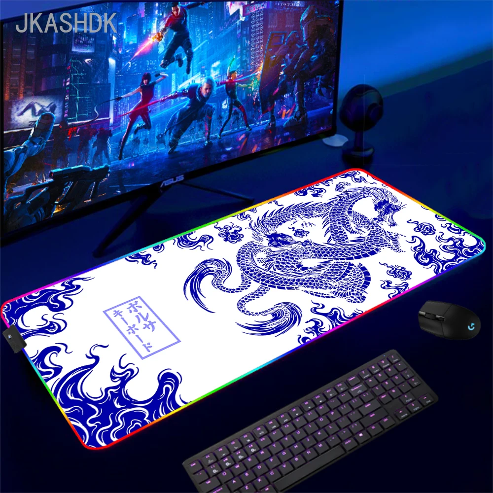 Anime Mice Mat Japanese Red Dragon Large Gaming RGB Mousepad XL Keyboard Lock Edge Desk Mat LED Table Luminous Mouse Pad 90x40cm