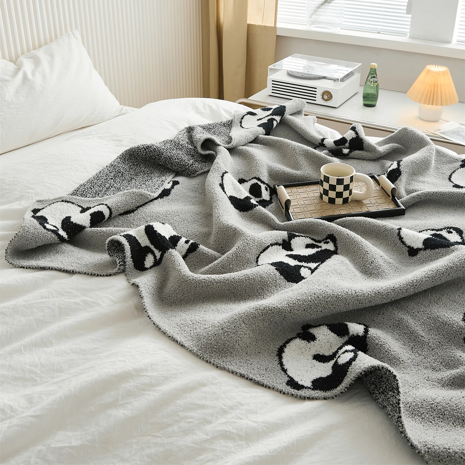 YIRUIO Kawaii Cartoon Panda Knitted Blanket Autumn Winter Warm Cozy Soft Beige Gray Microfiber Downy Bed Sofa Decorative Blanket