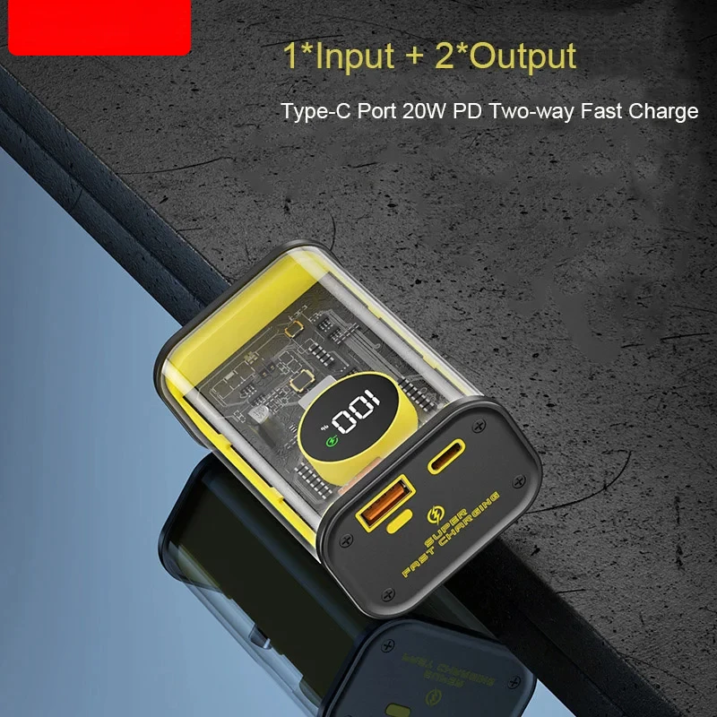 For IPhone Samsung Xiaomi Transparent 10000mAh Power Bank Fast Charger Portable External Auxiliary Battery 22.5W USB C Powerbank