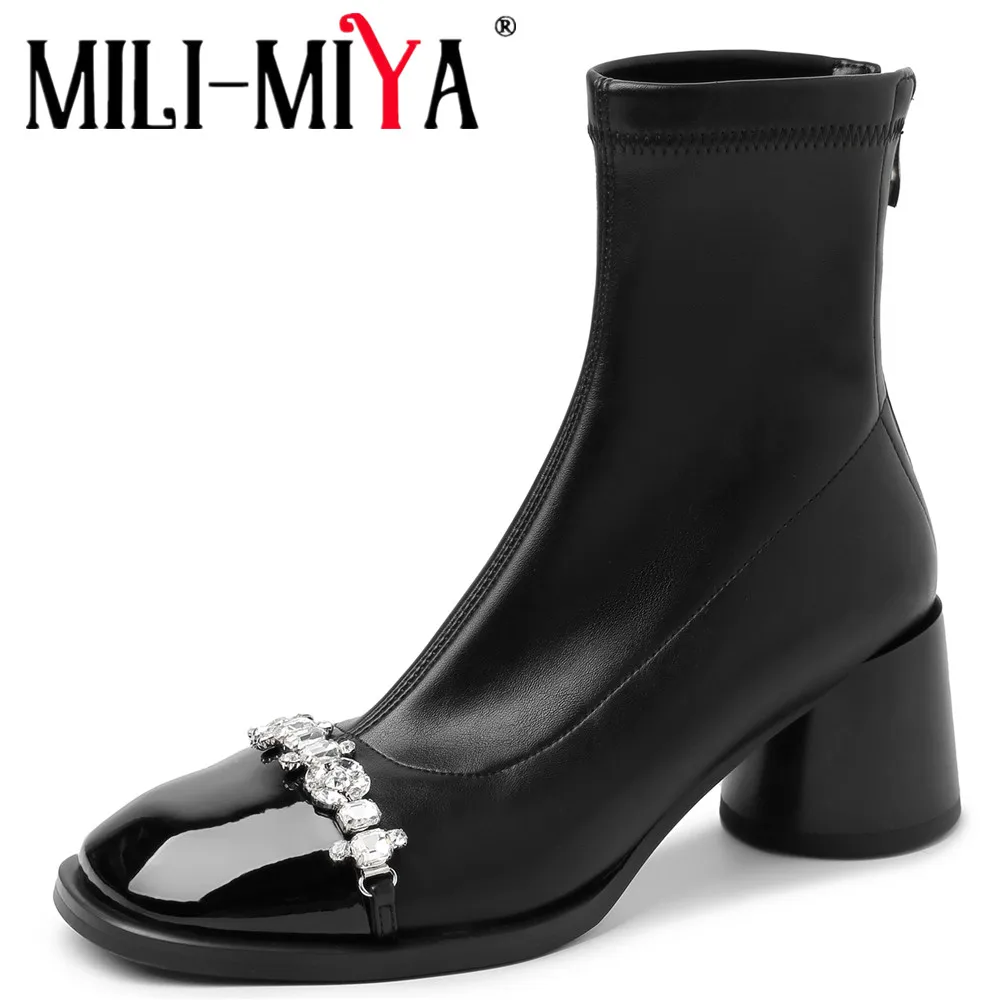 

MILI-MIYA/Новое поступление, женские эластичные ботинки на массивном каблуке с круглым носком и стразами, повседневные ботинки с круглым носком и квадратным каблуком, большие размеры 34-42