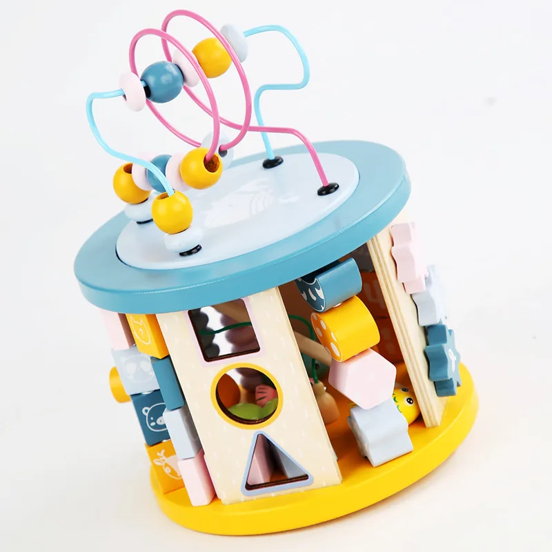 Generic Wooden Activity Cube Multi Function Bead Maze Shape Sorter Educational Hand Brain Training Desktop Game Toy