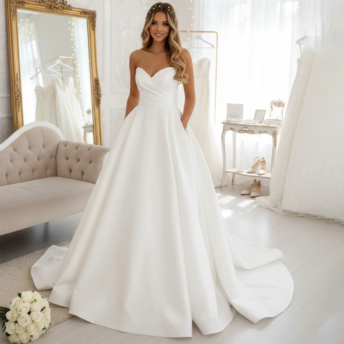 Strapless Satin Ball Gown Wedding Dresses With Slit Vestidos Novia Beach Bridal Party Gown For Bride Customer Made Elegant