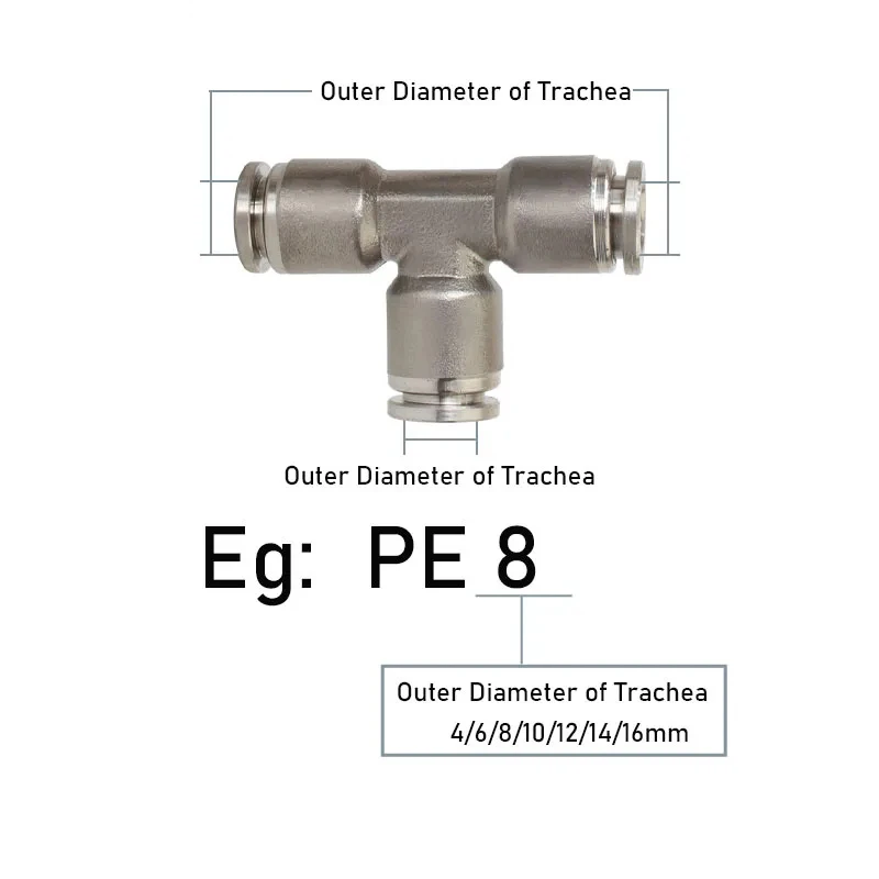 

10PCS 304 Stainless Steel Pneumatic Connector Quick-plug Quick Connector T-type Tee PE-4/6/8/10/12/14/16 Fittings