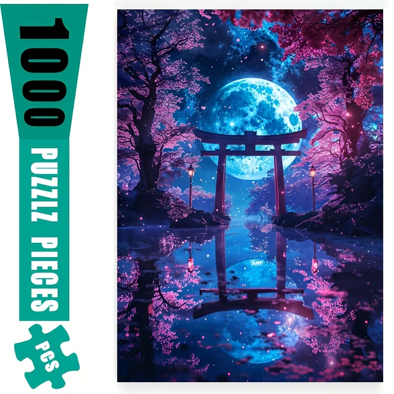 Rompecabezas Torii japonés con reflejo iluminado por la luna, rompecabezas grande para adultos para decoración del hogar, colores vibrantes, Kit de manualidades DIY, sujetador, 1000 Uds.