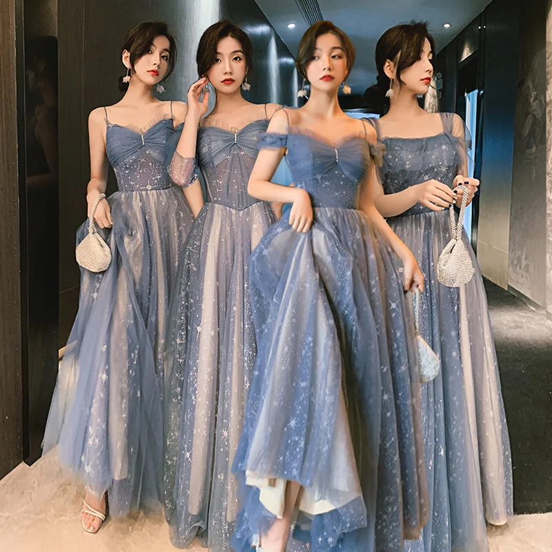 

Starry Sky Tull Strap Bridesmaid Dress Female Appliques Blue Elegant Temperament Ceremonial Dresses 2024 New Gorgeous Gown