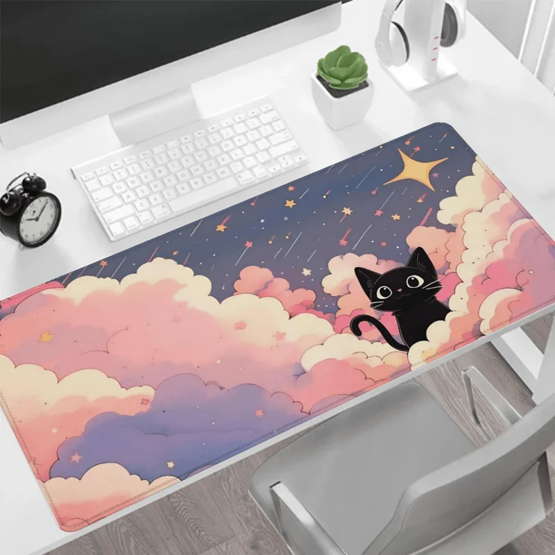 Grand tapis de souris de jeu Cloud Cat fantaisiste, design fantastique ciel étoilé avec bords cousus, parfait pour les bureaux et les ordinateurs portables