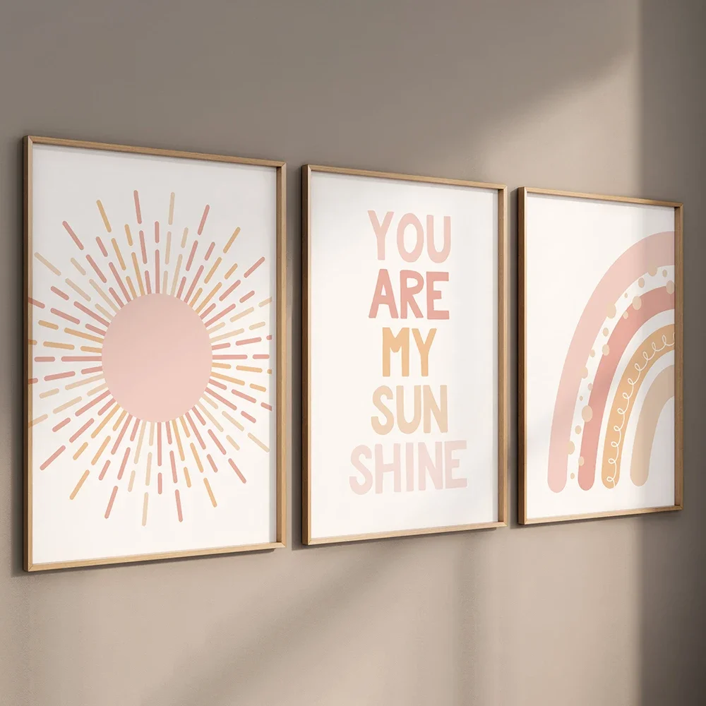 3PCS Frameless Boho Sun Rainbow Canvas Wall Art You Are My Sunshine Nursery Print Kids Room Home Decor