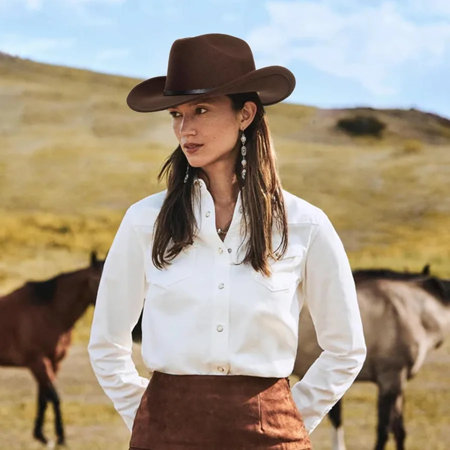 여성용 클래식 서부 카우보이 모자, 벨트 버클 포함, 스타일리시한 야외 활동용, 남성용 롤업 와이드 브림 펠트 페도라 모자, 패셔너블한 스타일