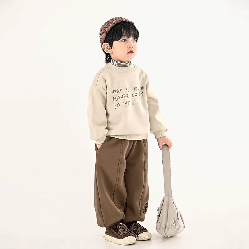 Children's Clothing Boys' Fleece Hoodie Children's Winter Clothing Korean Version Apricot Colored Thick Top