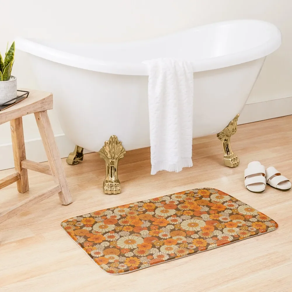 

70s retro daisies, vintage flower power, orange and brown, boho, Bath Mat Bathroom Accessories Anti-Slip Shower Mat