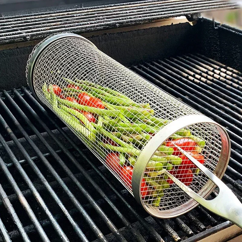 Okrągły kosz do grillowania ze stali nierdzewnej, obrotowy kosz do grillowania, kosz do grillowania z siatki drucianej, przenośny kosz do grillowania na kemping, ruszt do grillowania na zewnątrz. — zdjęcie 7