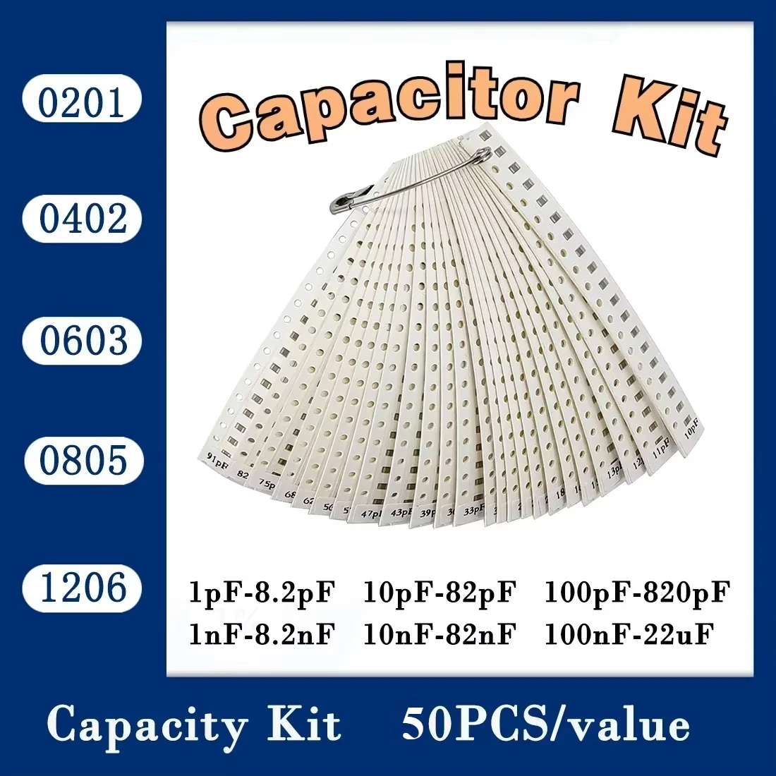 Capacitor kit 0201 0402 0603 0805 1206  smd Capacity package each value*50PCS Sample Kit Capacitor 470nf 1nf 10nf 1uf 10uf 22uf