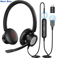 New Bee H362 USB Headset for PC Call Center Business Wired Headphones Rotatable Mic 3.5mm Earphones Mic Mute Noise Cancelling