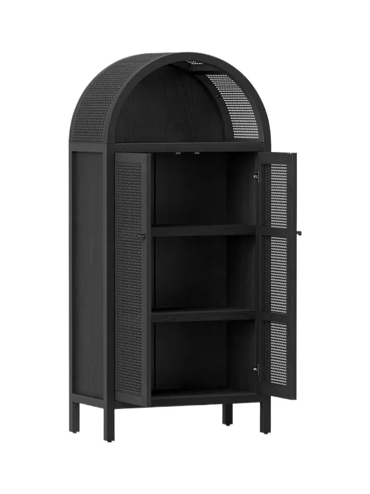 

Solid wood bookcase modern simple black arched glass door display case decorative French retro wine cabinet