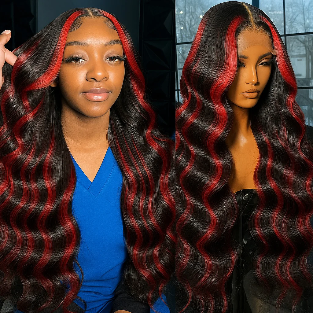 

Red Blonde Highlights Body Wave 5x5 Glueless Wigs 30 Inch Human Hair Ombre Burgundy for Women Pre Plucked with Baby Hair 180%
