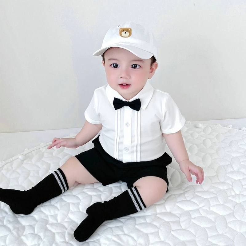 

2026 Summer New Boys' Pleated Bow Tie Western-style Gentleman's Short Sleeved Top and Shorts Two-piece Set