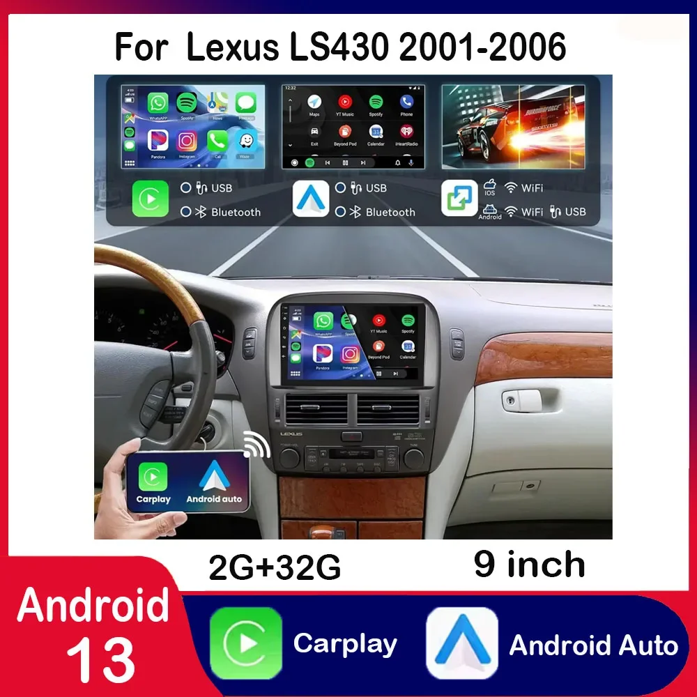 32GB Android 13 Car Stereo GPS Radio Navi CarPlay Compatible for Lexus LS430 2001-2006