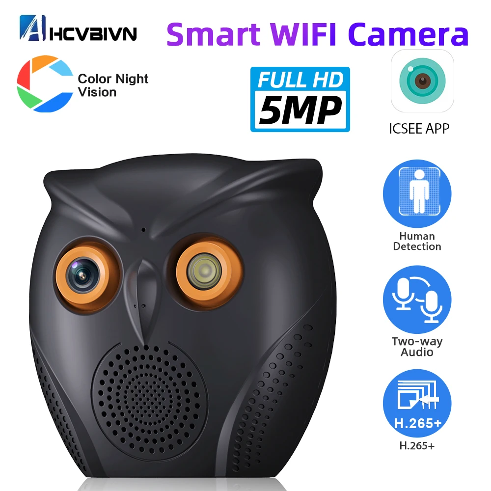 

ICSEE 5MP Indoor Home Wifi Security Camera Owl Shape with Two Way Audio Color Night Vision CCTV Baby Monitor Surveillance Camera