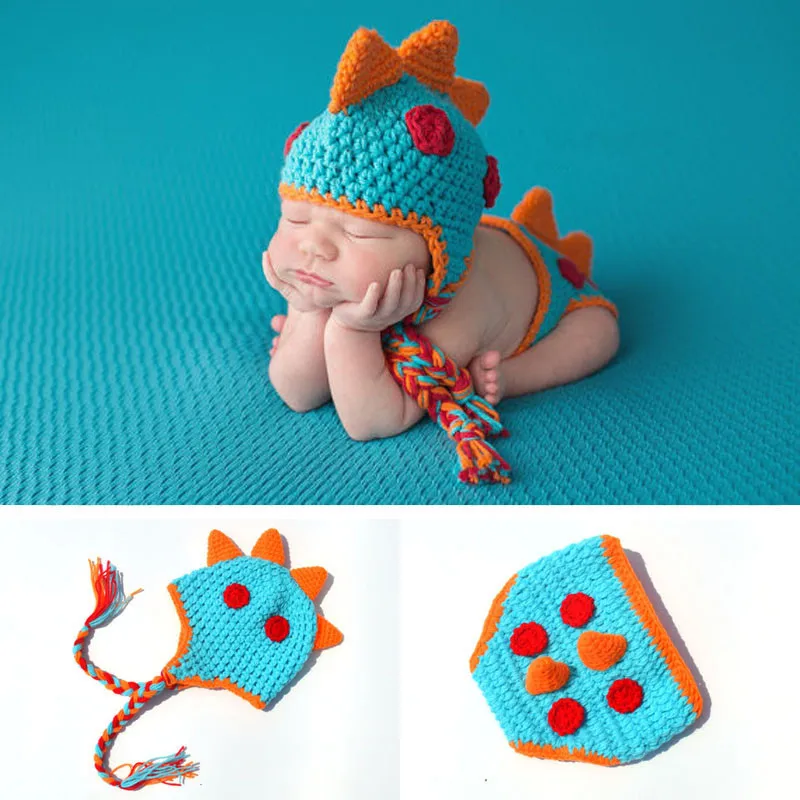 Knitted Newborn Baby Boys Photography Clothes Blue Dinosaur Design Shape 0-3 Months 100 Days