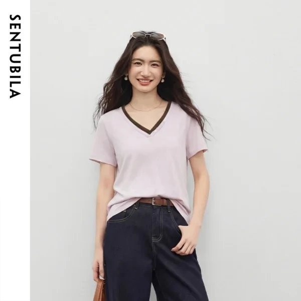 

SENTUBILA Women's Knit Short Sleeve T-Shirt 2026 Summer New Double Layer Purple Patch V-Neck Straight Top 162TD6389
