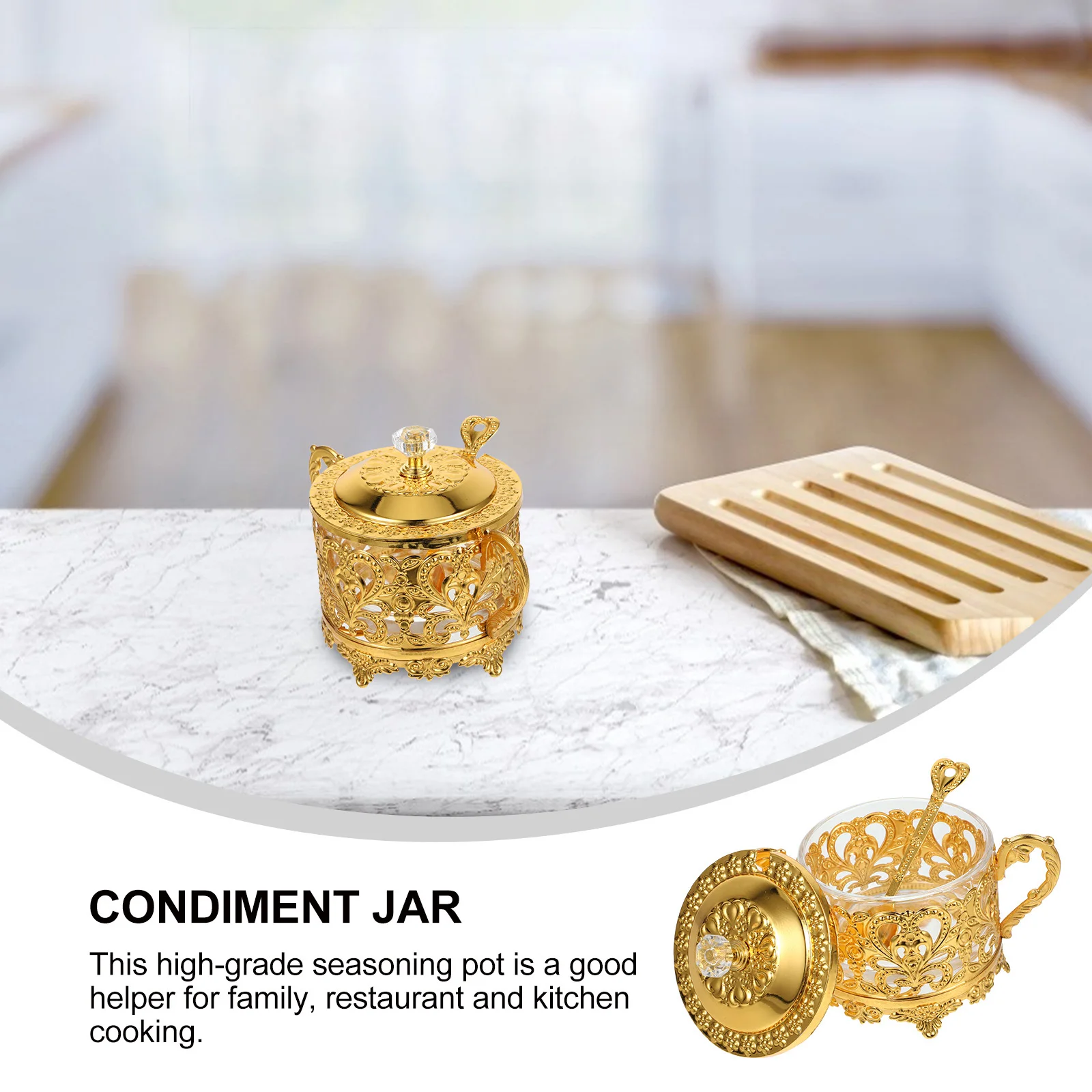 

Seasoning Jar with Lid Embossed Design European Style Zinc Alloy Glass Spice Container for Kitchen Seasoning Storage Decorative