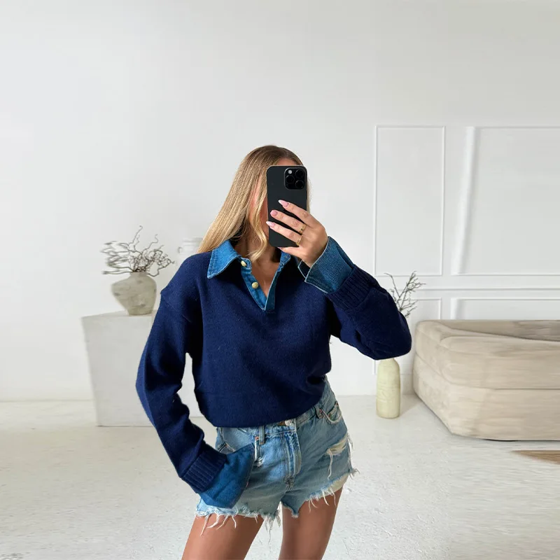 Versátil y elegante Denim Patchwork Top solapa suelta desplazamientos Casual Chic Polo camisa suéter de punto 2025 otoño ropa de mujer