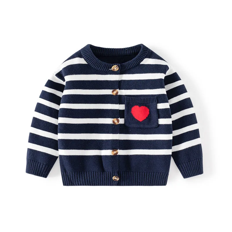 

Spring Autumn Kid Boys Sweater Knitted Red Heart Pocket Cotton Baby Boys Knitwear Striped Elastic Hem Children Boys Cardigan