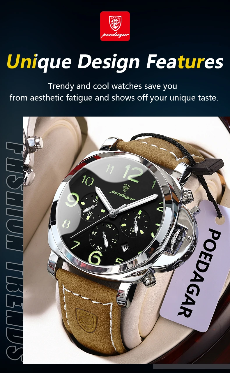 POEDAGAR Mode Luxus Männer Armbanduhr Wasserdicht Leucht Chronograph Datum Mann Uhr Einzigartige Sport Leder Quarz herren Uhren – Detail 5