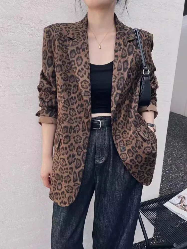 Retro Medium To Long Leopard Print Suit Jacket For Women, 2024 Autumn And Winter New Style, High-End And Stylish Top