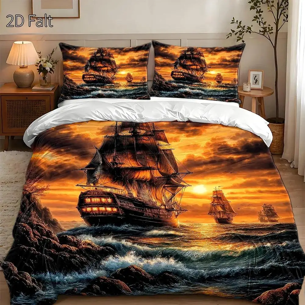 3-Piece Duvet Cover Set, 1 Duvet Cover + 2 Pillowcases (Without Filling) 2D Flat Printing, Pirate-Themed, Dark Fantasy Style, Pirate Festival, Suitable for All Seasons, Machine Washable, Invisible Zipper, Large Duvet Cover Set, Bedding Set, Wrinkle-Resistant and Wear-Resistant, Not Easy to Wrinkle, Suitable for Home/Dormitory/Master Bedroom/Guest Room Use