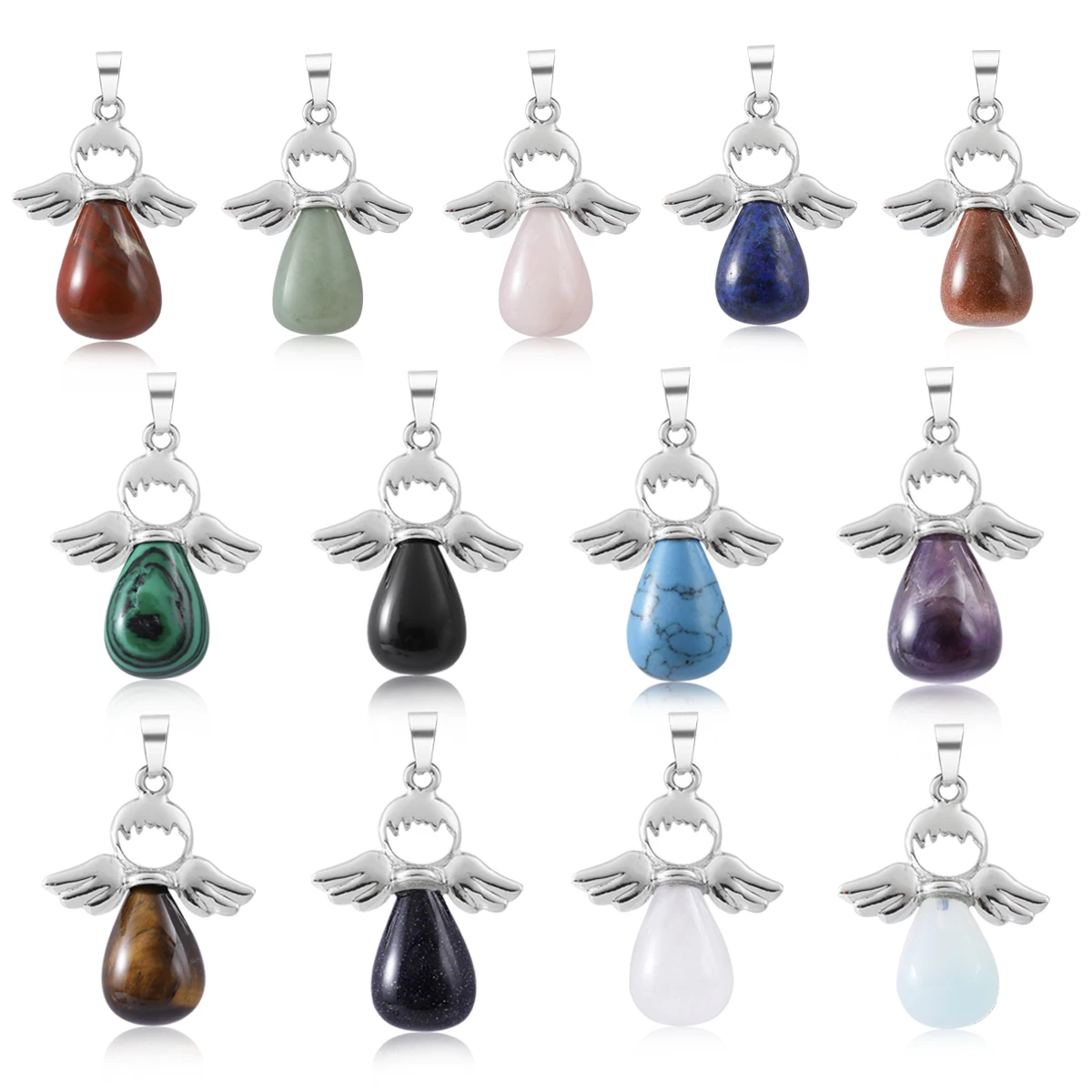 Fashion Natural Gemstone Angel Pendant Necklace Rose Pink Quartz Aventurine Crystal Pendant Silver Drop Women\'s Jewelry Silver