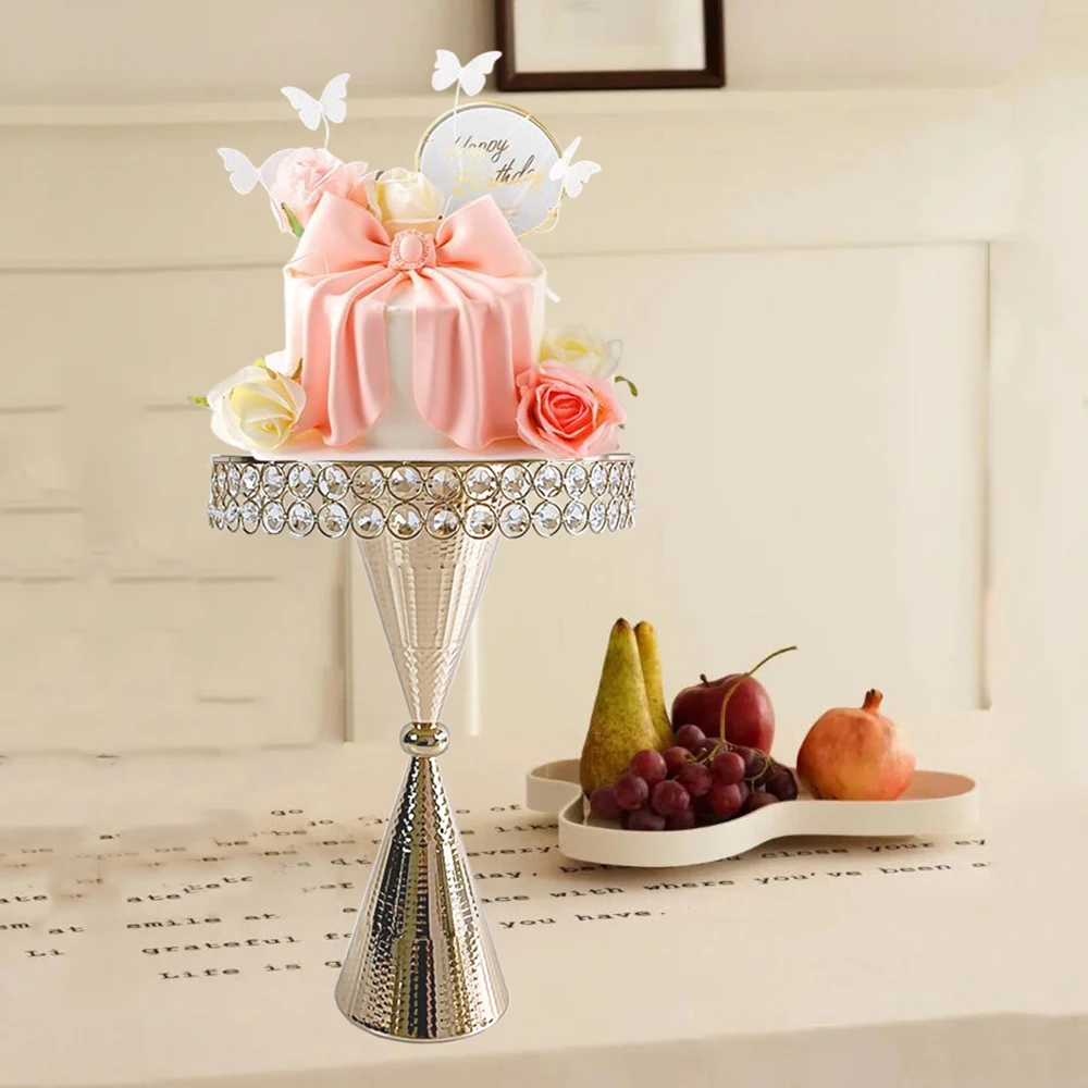 

1Pcs 12inch tall base cake plate Gold Party Supplies Round Cake Stand with Crystal Beads Dessert Table Display