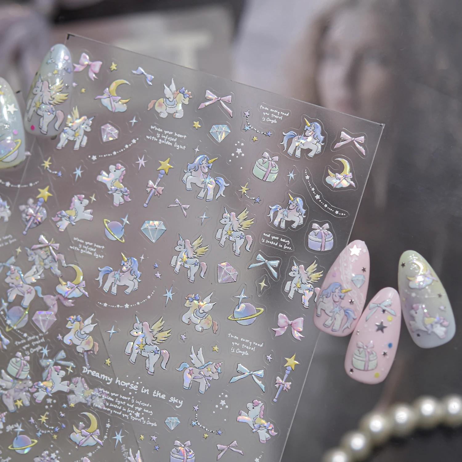 1PCS 5D Pastell Glitter Verträumte Pony Nagel Aufkleber Stern Dot Nail art Zubehör Magische Märchen Stil Fantasie Aufkleber