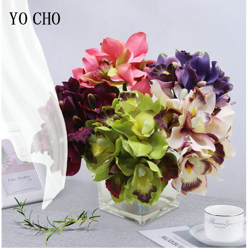 Orchid Artificial Flower Silk Cymbidium Bridesmaid Hand Holding Flower Wedding Bouquet Home Hotel Table Fake Floral Decoration