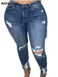 Womens Plus Size Jeans Ripped High Waisted Pencil Skinny Fit Blue Denim Pants Columbia Stretchy Jean Distressed Ouc455a