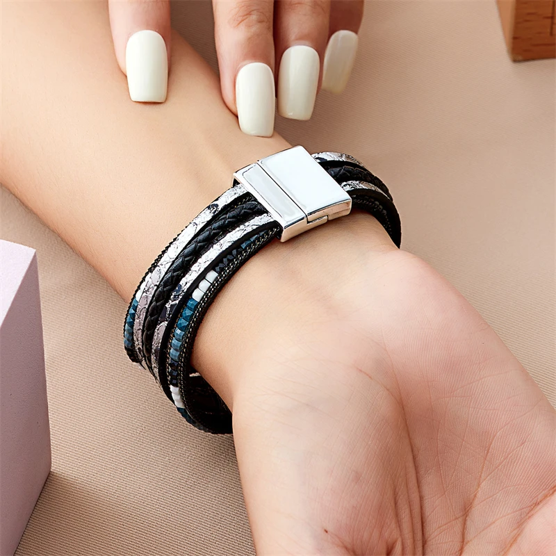 Böhmische Vintage mehr schicht ige Leder armbänder für Frauen hand gefertigte gewebte Leder breite Magnet verschluss Herren Armreif Modeschmuck – Detail 28